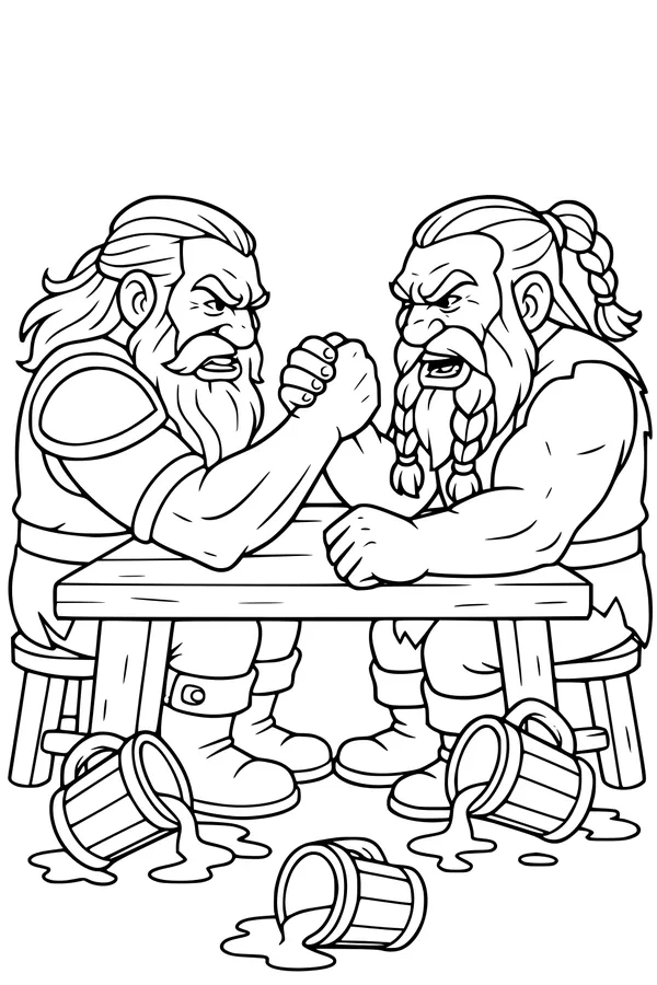 Free Dwarf Brothers Coloring Page - Arm Wrestling in a Tavern (Printable PDF)