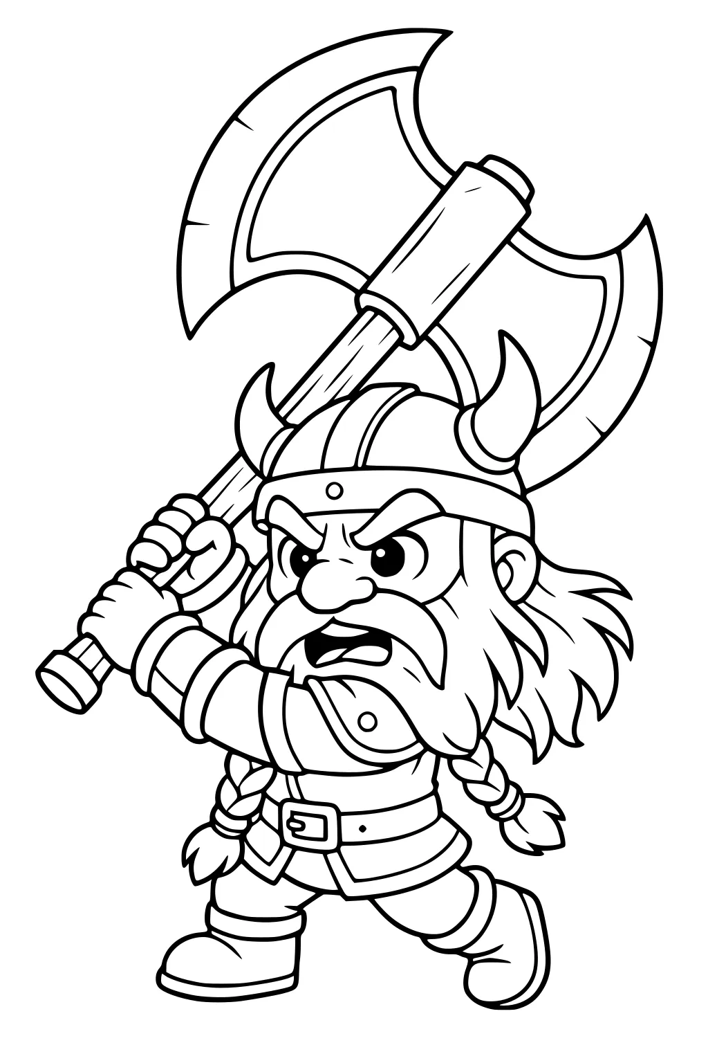 Cartoon dwarf warrior with horned helmet swinging a big double-bladed axe; braided beard, armor, belt and boots, no background.