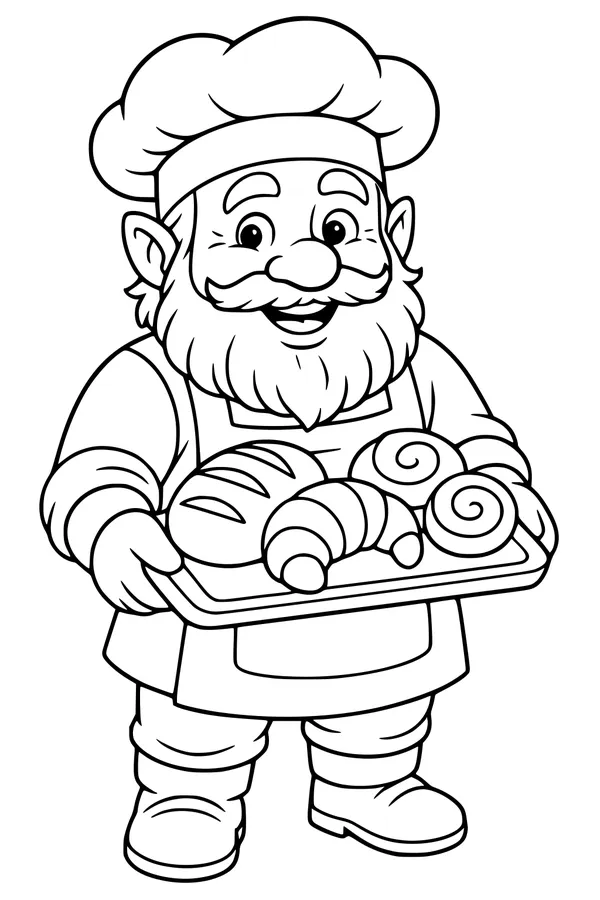 Free Dwarf Baker Coloring Page - Fresh Pastry Tray Scene (Printable PDF)