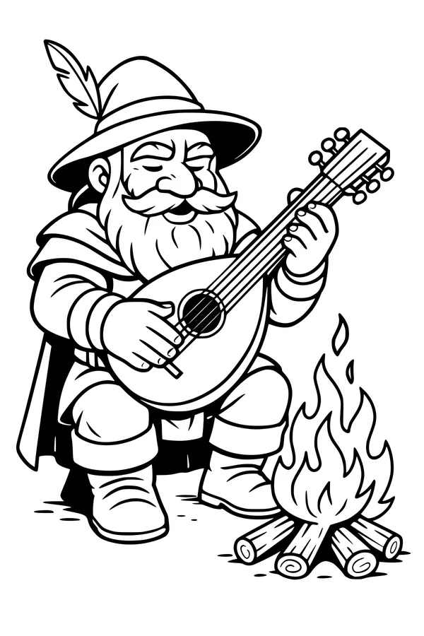 Free Dwarf Gnome Bard Coloring Page - Campfire Lute Song (Printable PDF)