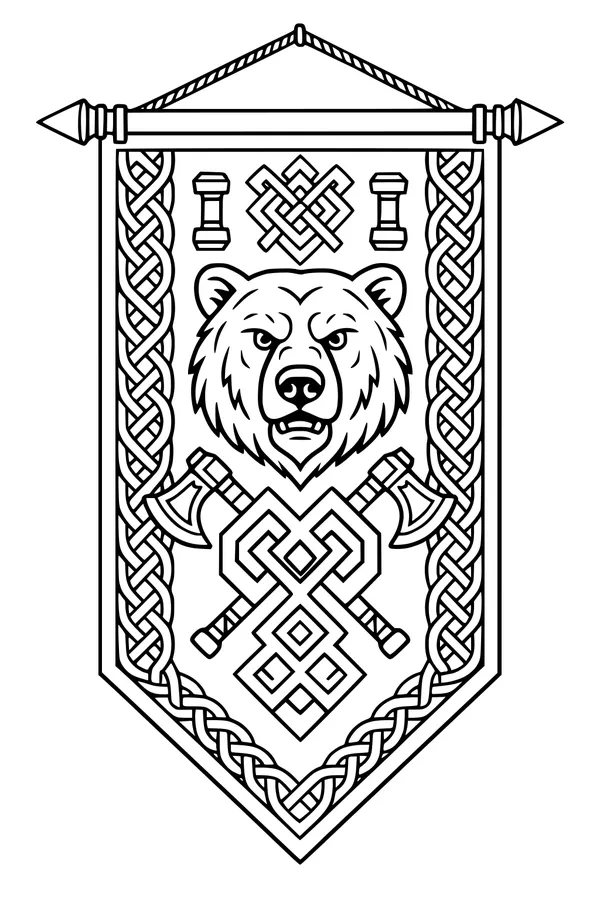Free Dwarven Bear Clan Banner Coloring Page - Heraldic Emblem With Axes and Knotwork (Printable PDF)