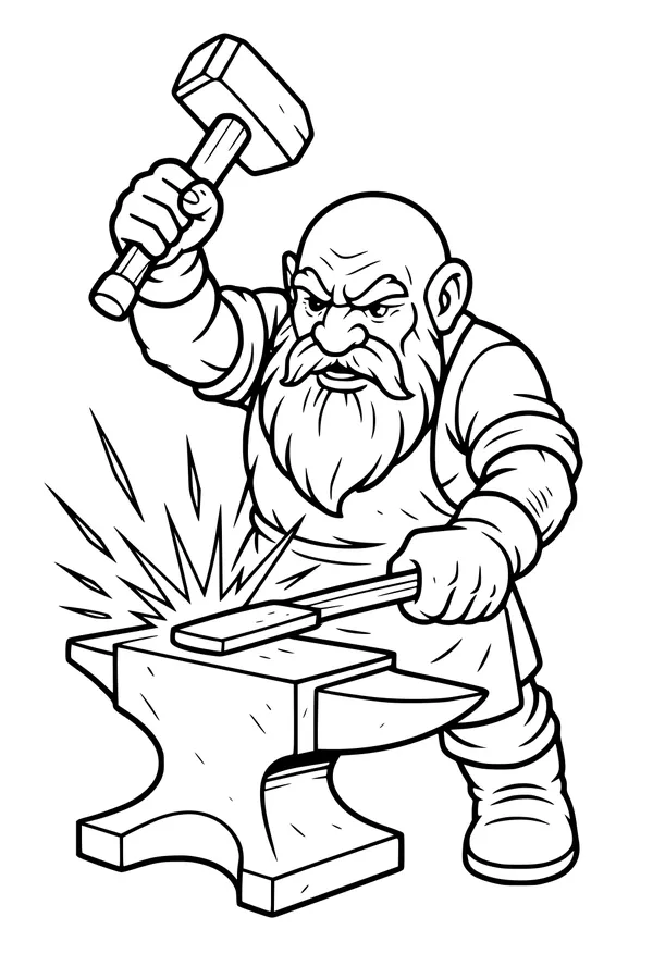 Free Dwarf Blacksmith Coloring Page - Hammering Metal at the Sparkling Anvil (Printable PDF)