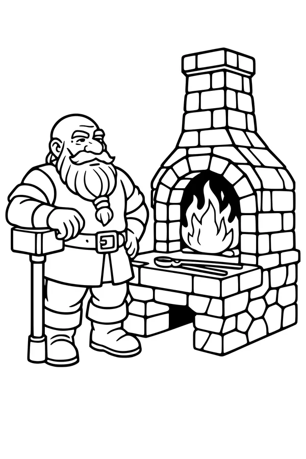 Free Dwarf Coloring Page - Bearded Blacksmith at the Forge (Printable PDF)