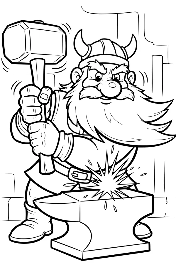 Free Dwarf Blacksmith Coloring Page - Hammering At The Forge (Printable PDF)