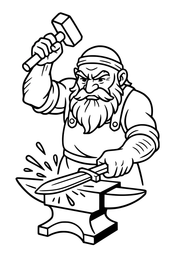 Free Dwarf Blacksmith Coloring Page - Forging Sword At Anvil (Printable PDF)