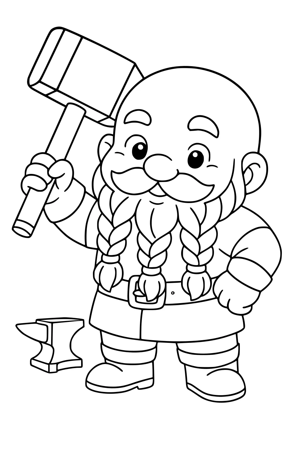 Smiling dwarf blacksmith with braided beard raises a big hammer; small anvil by his boots; bald head, gloves, belt, and sturdy boots.