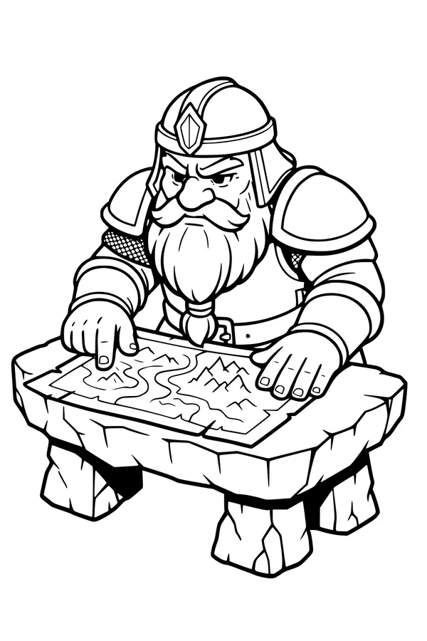 Free Dwarf Coloring Page - Armored Captain Studying a Treasure Map (Printable PDF)