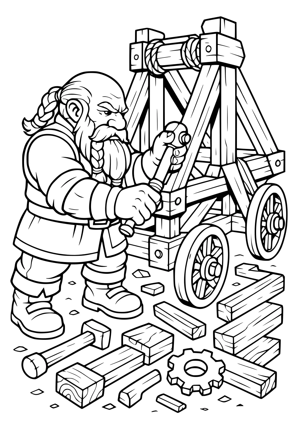 Bearded dwarf tightens a wooden catapult with a wrench; rope-wrapped top, wheels, blocks and gear scattered on the ground.