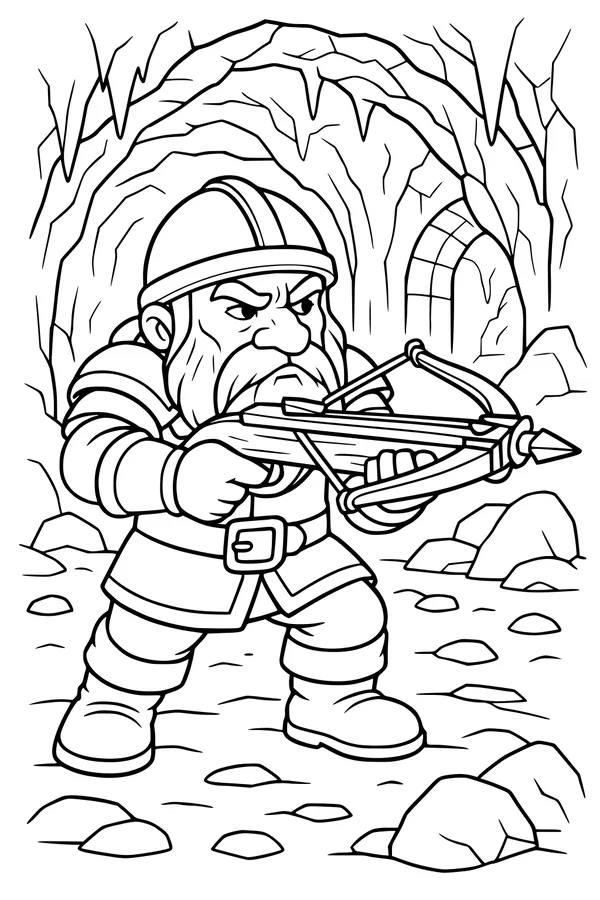 Free Dwarf Coloring Page - Bearded Cave Guard with Crossbow (Printable PDF)