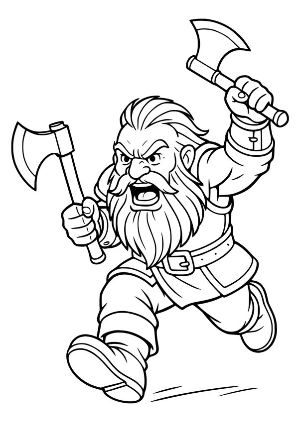 Free Dwarf Coloring Page - Bearded Warrior Running With Two Axes (Printable PDF)