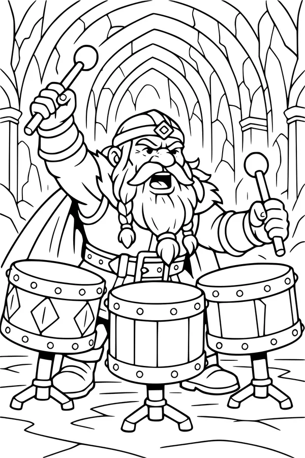 Free Dwarf Drummer Coloring Page - Thunder Drums in the Mountain Hall (Printable PDF)