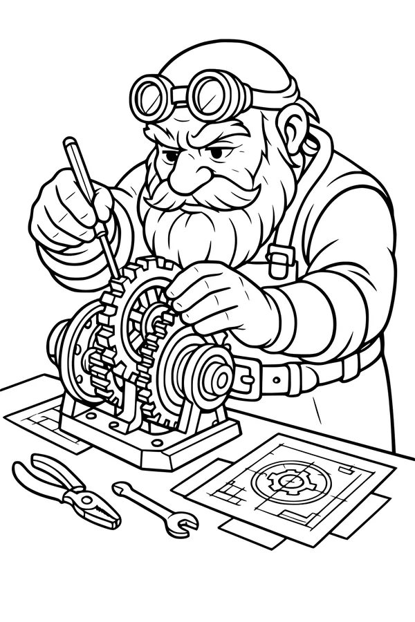 Free Dwarf Coloring Page - Engineer Tinkering With Gear Machine (Printable PDF)