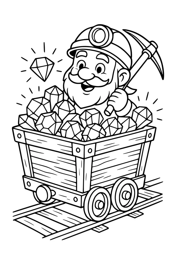 Free Dwarf Miner Coloring Page - Sparkling Gem Mine Cart Ride (Printable PDF)