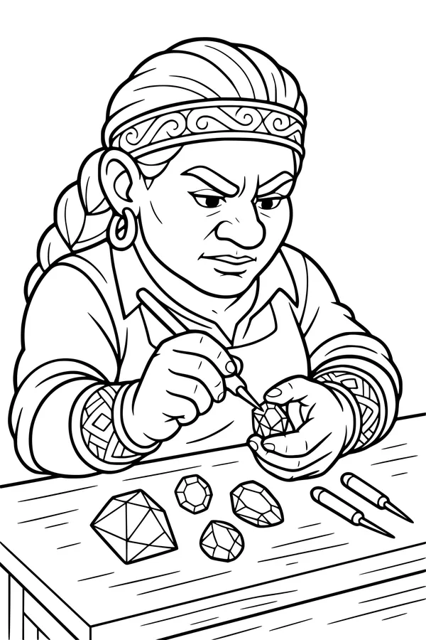 Free Dwarf Gem Cutter Coloring Page - Fantasy Jeweler at Workbench (Printable PDF)