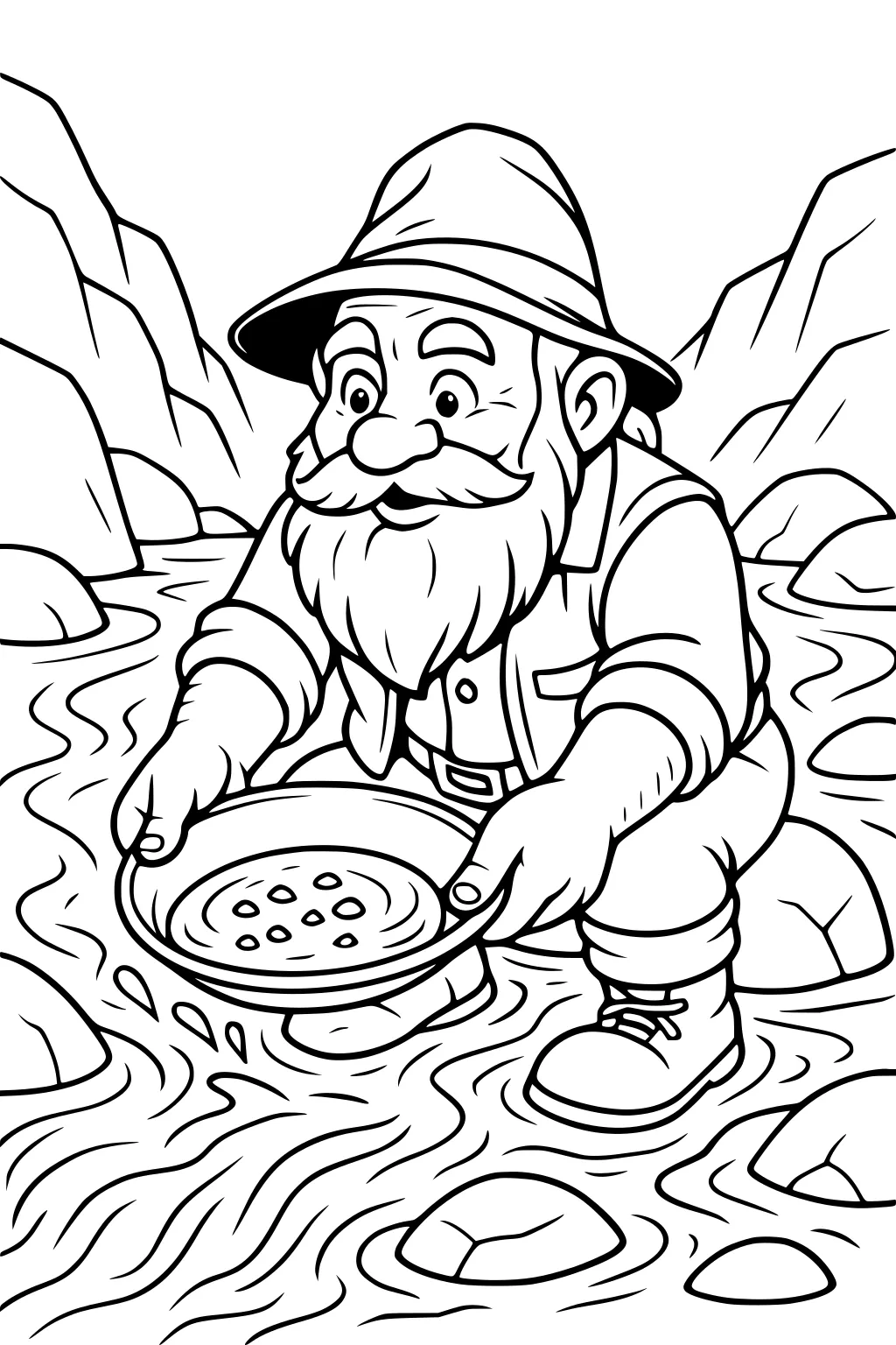 Bearded cartoon dwarf in a hat kneels in a rocky stream, panning for gold with a round sieve pan and sturdy boots.