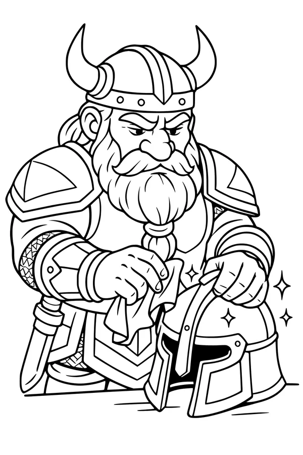 Free Dwarf Coloring Page - Bearded Warrior Polishing Helm (Printable PDF)