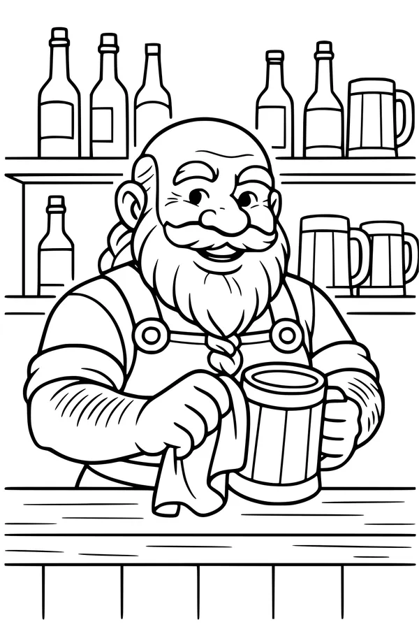 Free Dwarf Innkeeper Coloring Page - Cozy Fantasy Tavern Scene (Printable PDF)
