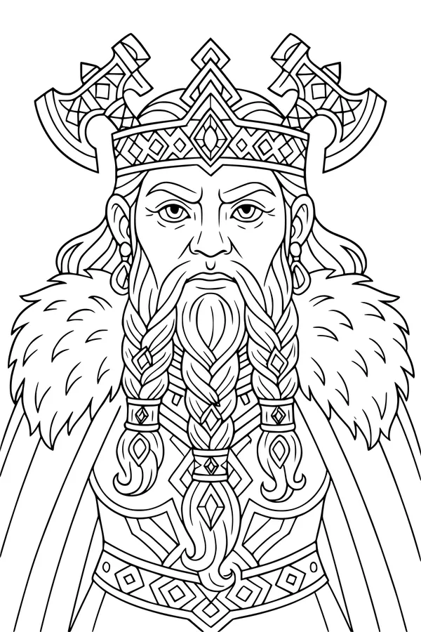 Free Dwarf King Coloring Page - Braided Beard and Axe Crown (Printable PDF)