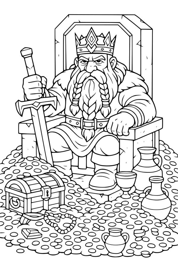 Free Dwarf King Coloring Page - Treasure Hoard Throne Scene (Printable PDF)