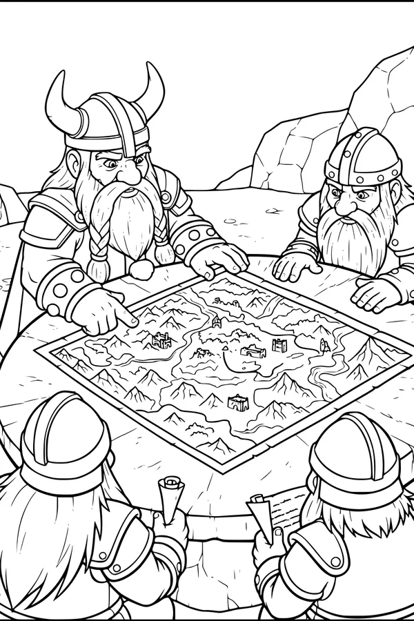Free Dwarves Coloring Page - Council Studying a Stone Fantasy Map (Printable PDF)