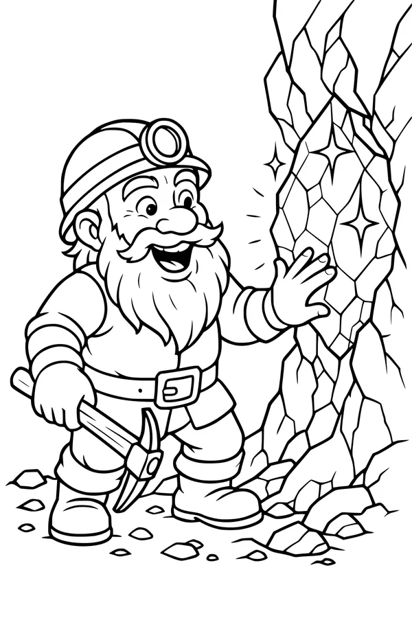 Free Dwarf Miner Coloring Page - Sparkling Crystal Cave Discovery (Printable PDF)