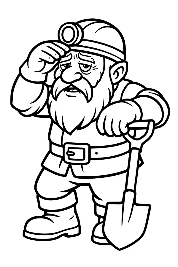 Free Dwarf Miner Coloring Page - Bearded Worker Resting With Shovel (Printable PDF)