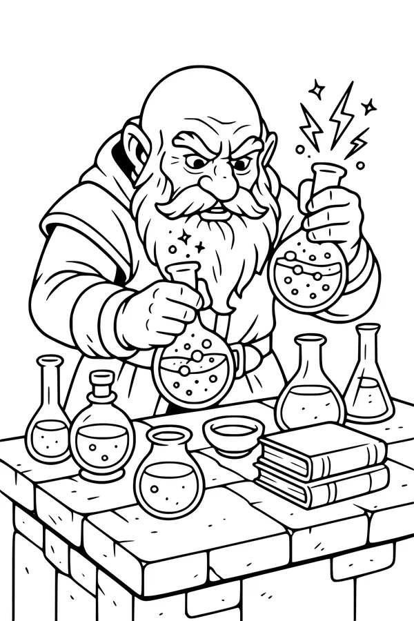 Free Dwarf Alchemist Coloring Page - Bubbling Fantasy Potion Lab (Printable PDF)