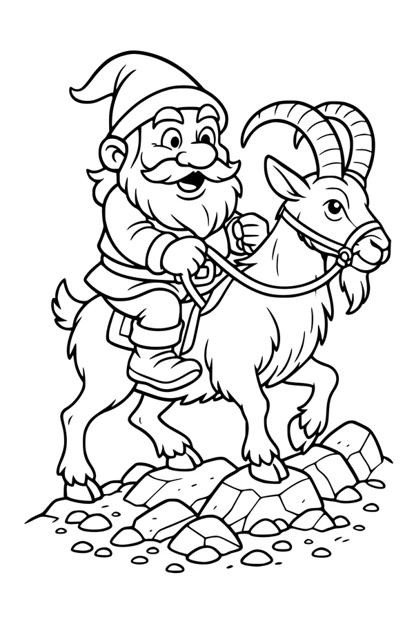 Free Dwarf Coloring Page - Bearded Rider on Mountain Goat (Printable PDF)