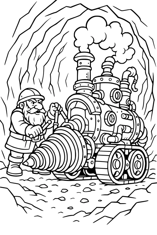 Free Dwarf Coloring Page - Steampunk Miner With Steam Drill (Printable PDF)