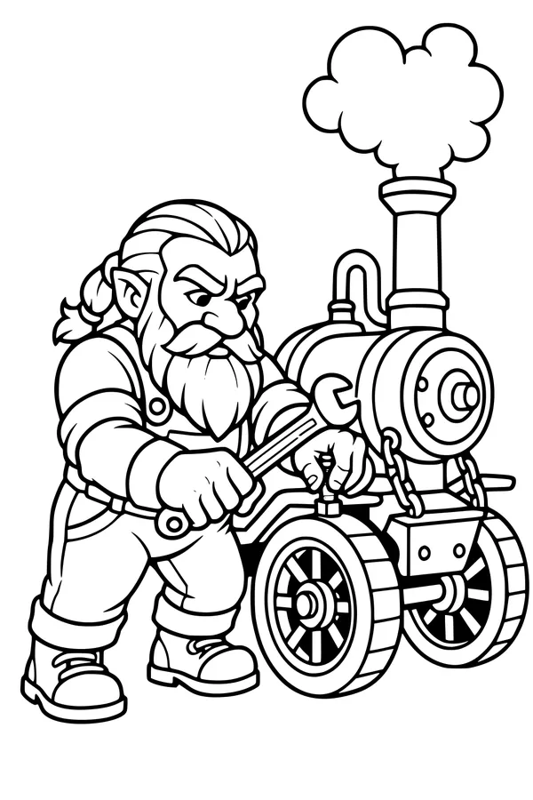 Free Dwarf Coloring Page - Bearded Mechanic Fixing Steam Wagon (Printable PDF)