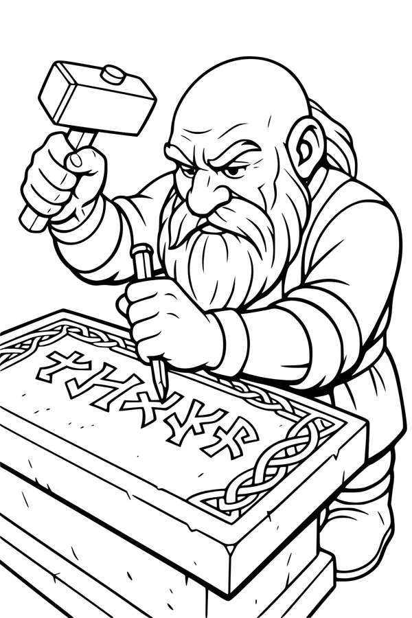 Free Dwarf Coloring Page - Bearded Rune Stonecarver at Work (Printable PDF)