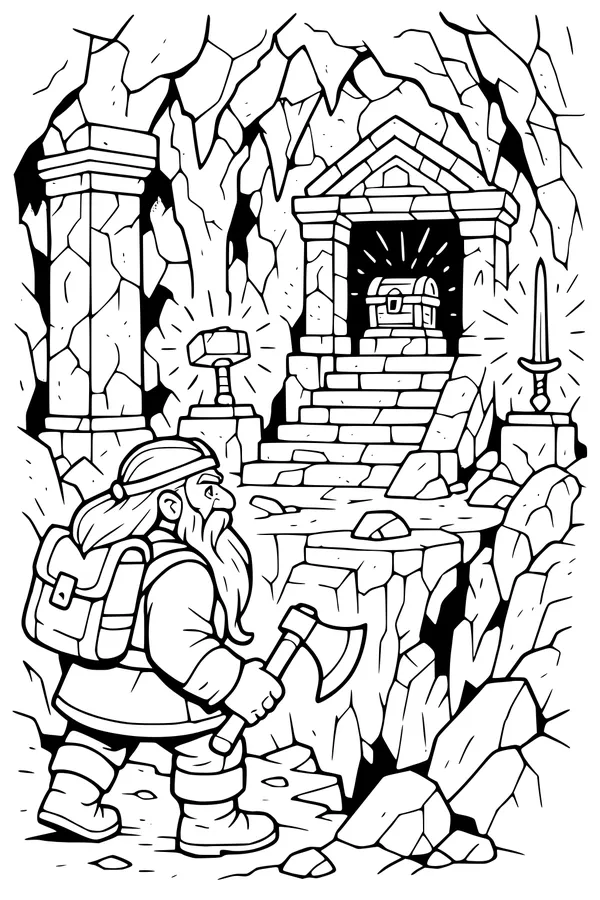 Free Dwarf Coloring Page - Cave Explorer Finds Glowing Treasure (Printable PDF)