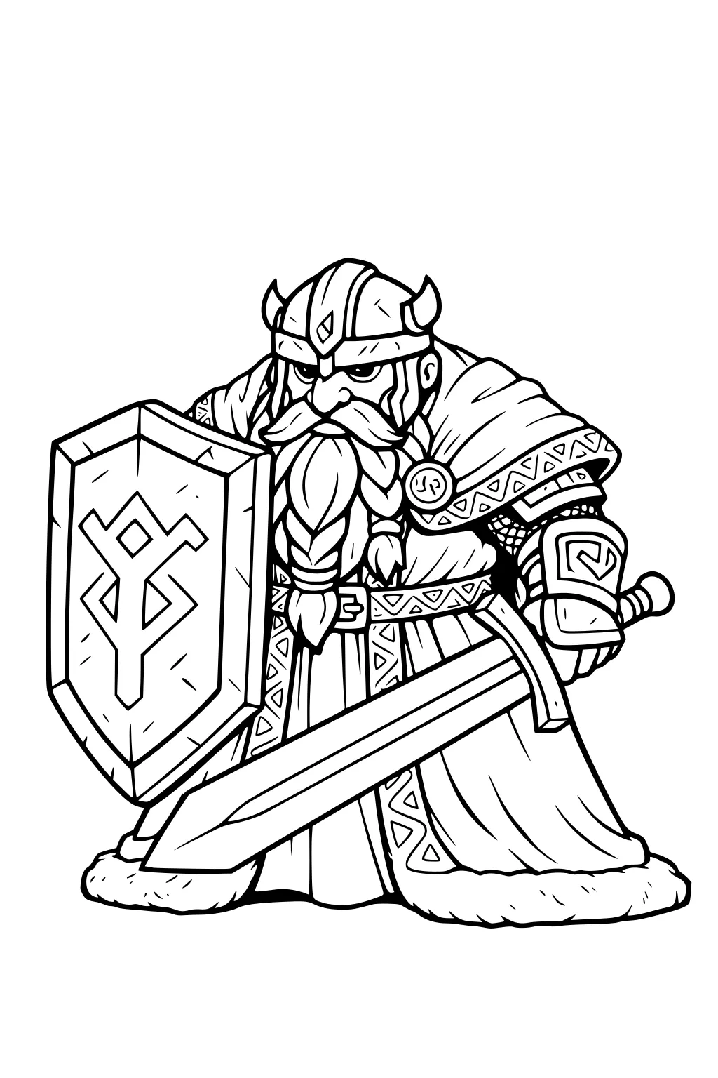 Bearded dwarf warrior with horned helmet, large rune shield, patterned armor, fur cloak, and long sword facing forward.