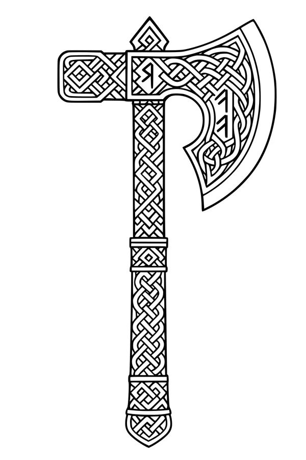 Free Dwarf Axe Coloring Page - Celtic Runes and Knotwork Blade (Printable PDF)