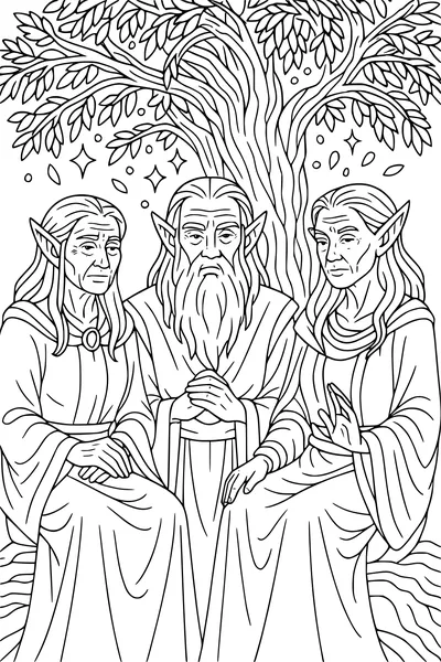 Free Elf Council Coloring Page - Elders Beneath Starleaf Tree (Printable PDF)