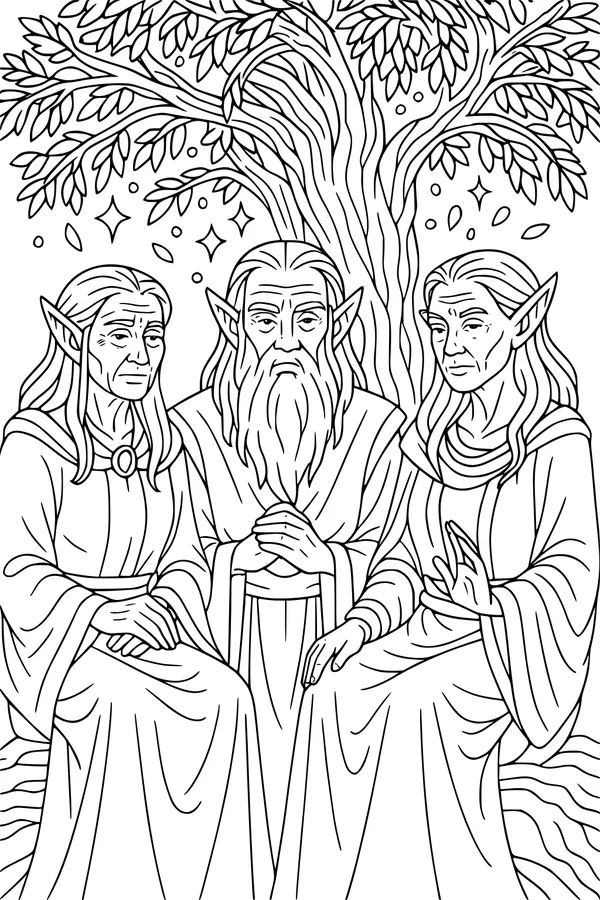 Free Elf Council Coloring Page - Elders Beneath Starleaf Tree (Printable PDF)