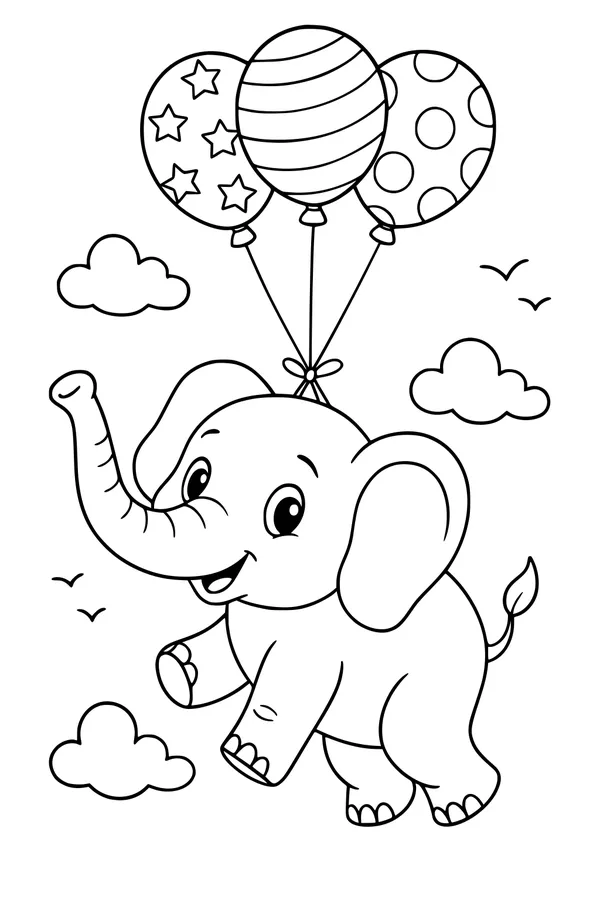Free Elephant Coloring Page - Smiling Elephant Flying with Balloons (Printable PDF)