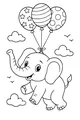 Free Elephant Coloring Page - Smiling Elephant Flying with Balloons (Printable PDF)