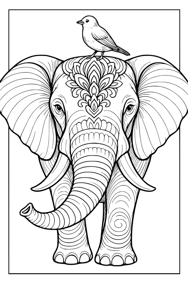 Free Elephant Coloring Page - Ornate Ears With Bird Friend (Printable PDF)