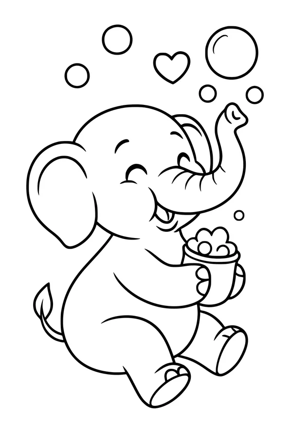 Free Elephant Coloring Page - Cute Cartoon Ellie with Bubbles (Printable PDF)
