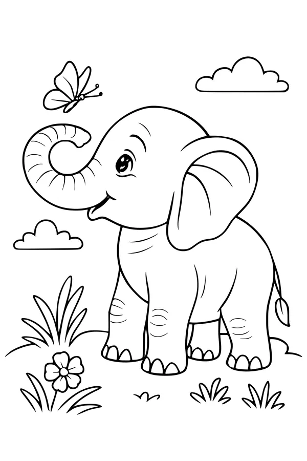 Free Elephant Coloring Page - Cute Baby Elephant With Butterfly (Printable PDF)