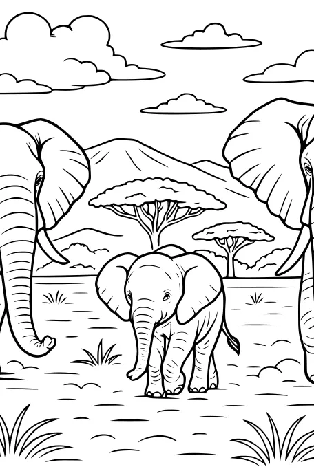 Free Elephant Family Coloring Page - Walking on African Savanna (Printable PDF)