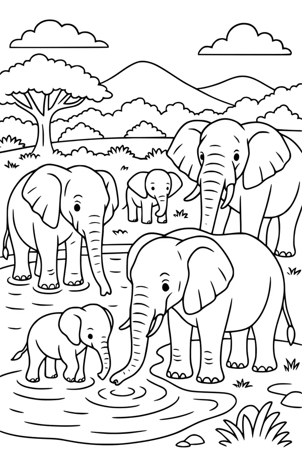 Free Elephant Coloring Page - Family at the Waterhole (Printable PDF)