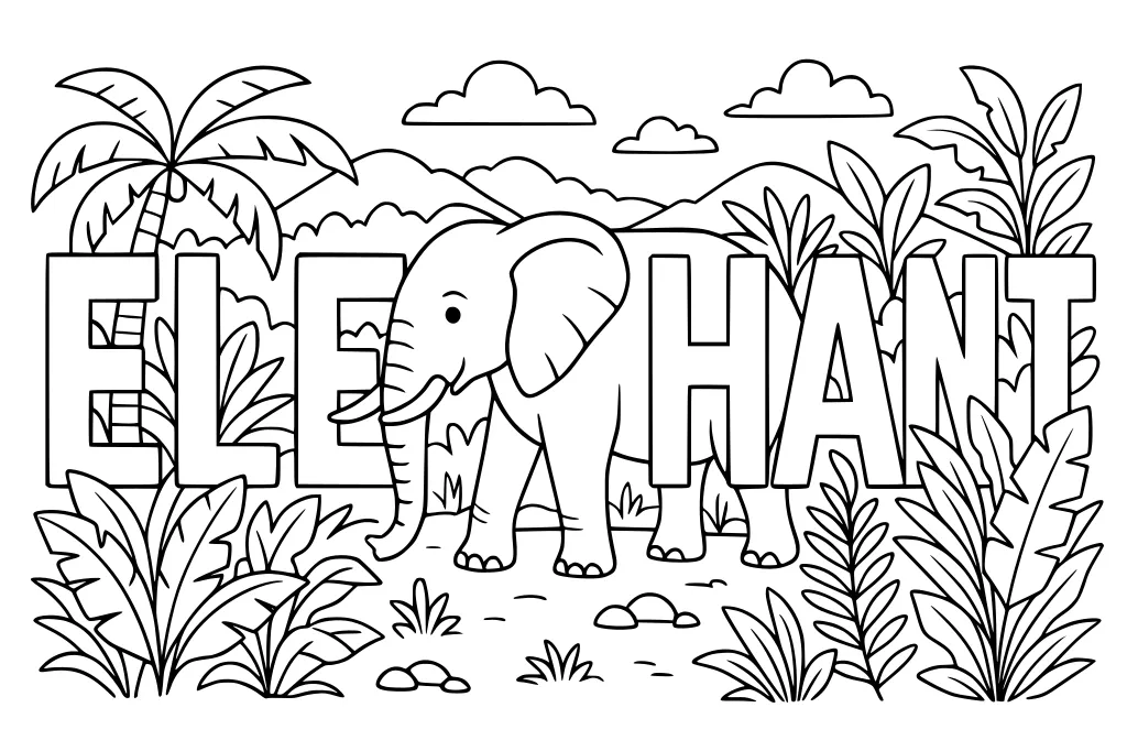 Smiling elephant walking in the jungle with large block letters that spell ELEPHANT, surrounded by plants and palm trees.