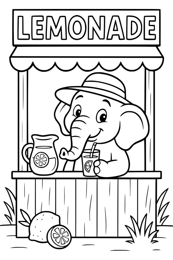 Free Elephant Coloring Page - Ellie at a Sunny Lemonade Stand (Printable PDF)