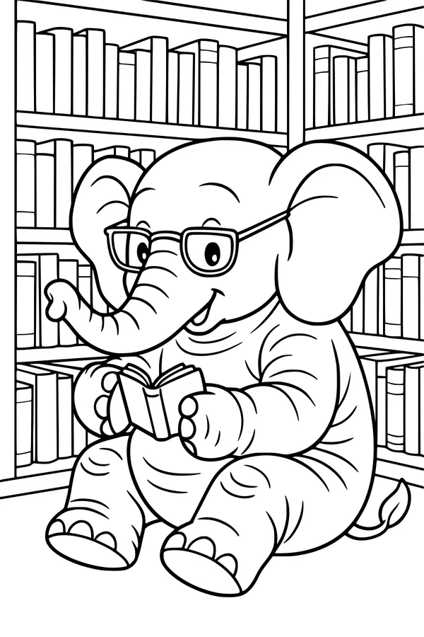 Free Elephant Coloring Page - Cute Book-Loving Elephant in a Library (Printable PDF)