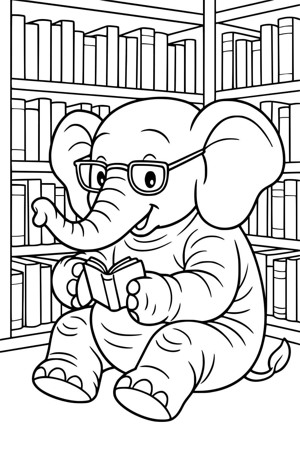Cartoon elephant wearing glasses reading a book while sitting in front of shelves filled with books.