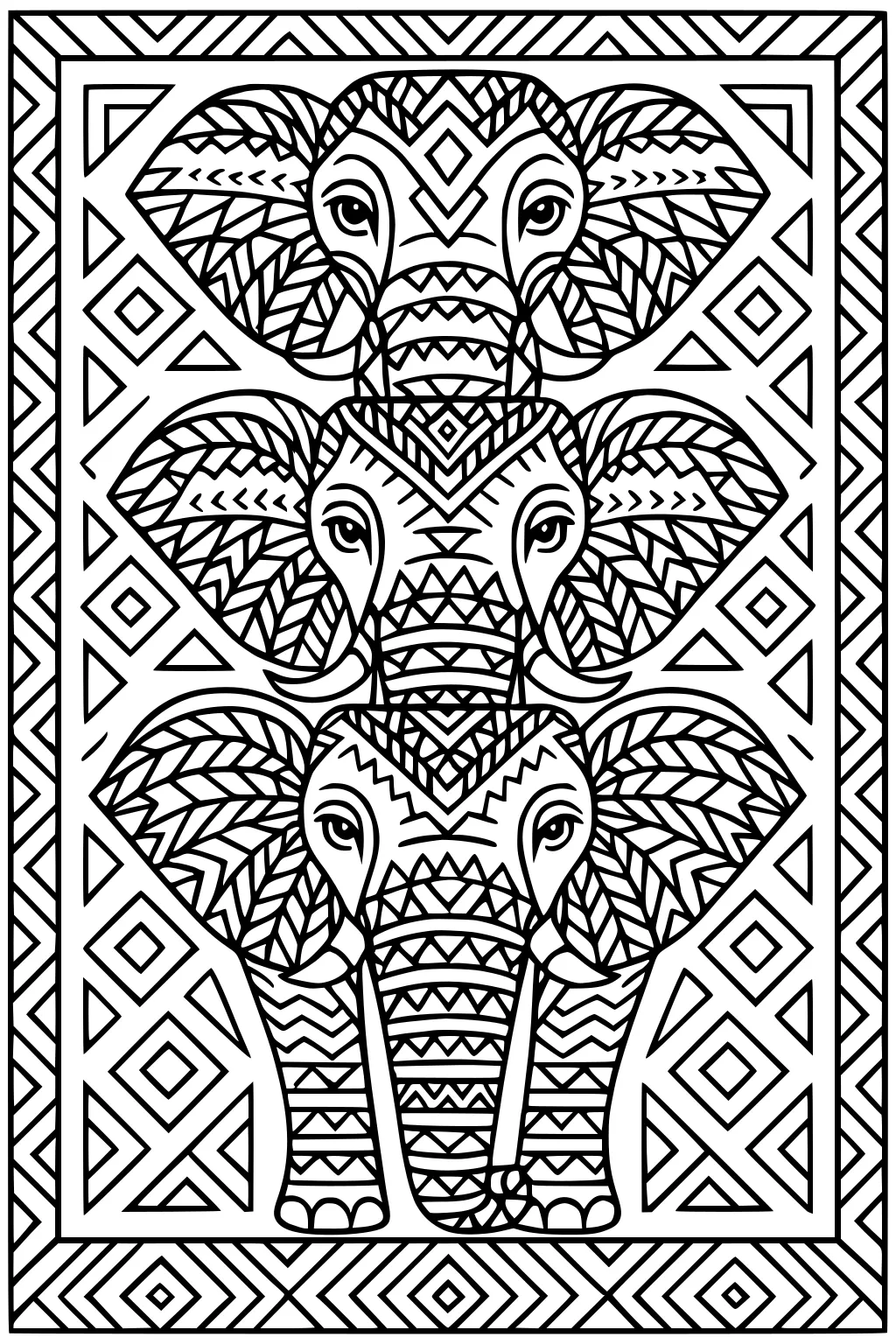 Three elephant heads stacked vertically with patterned ears and trunks surrounded by a border of triangles and diamonds.