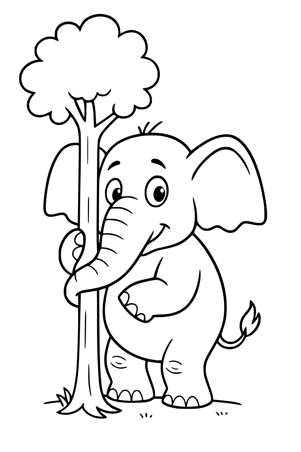 Cartoon elephant peeking from behind a tree, trunk wrapped around, large ears, smiling face, standing on grass.