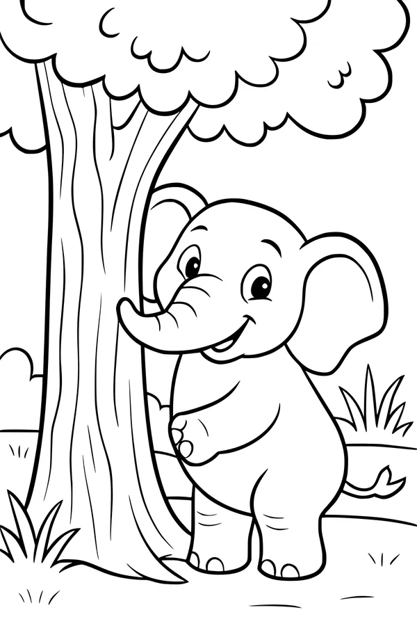 Free Elephant Coloring Page - Happy Baby Beside a Shady Tree (Printable PDF)